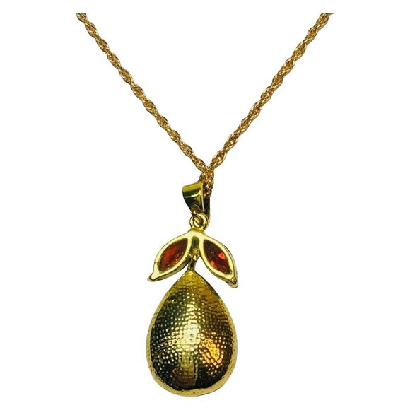 Vintage Red Rhinestone Pear Pendant Necklace 24" Gold Tone - Picture 7 of 16